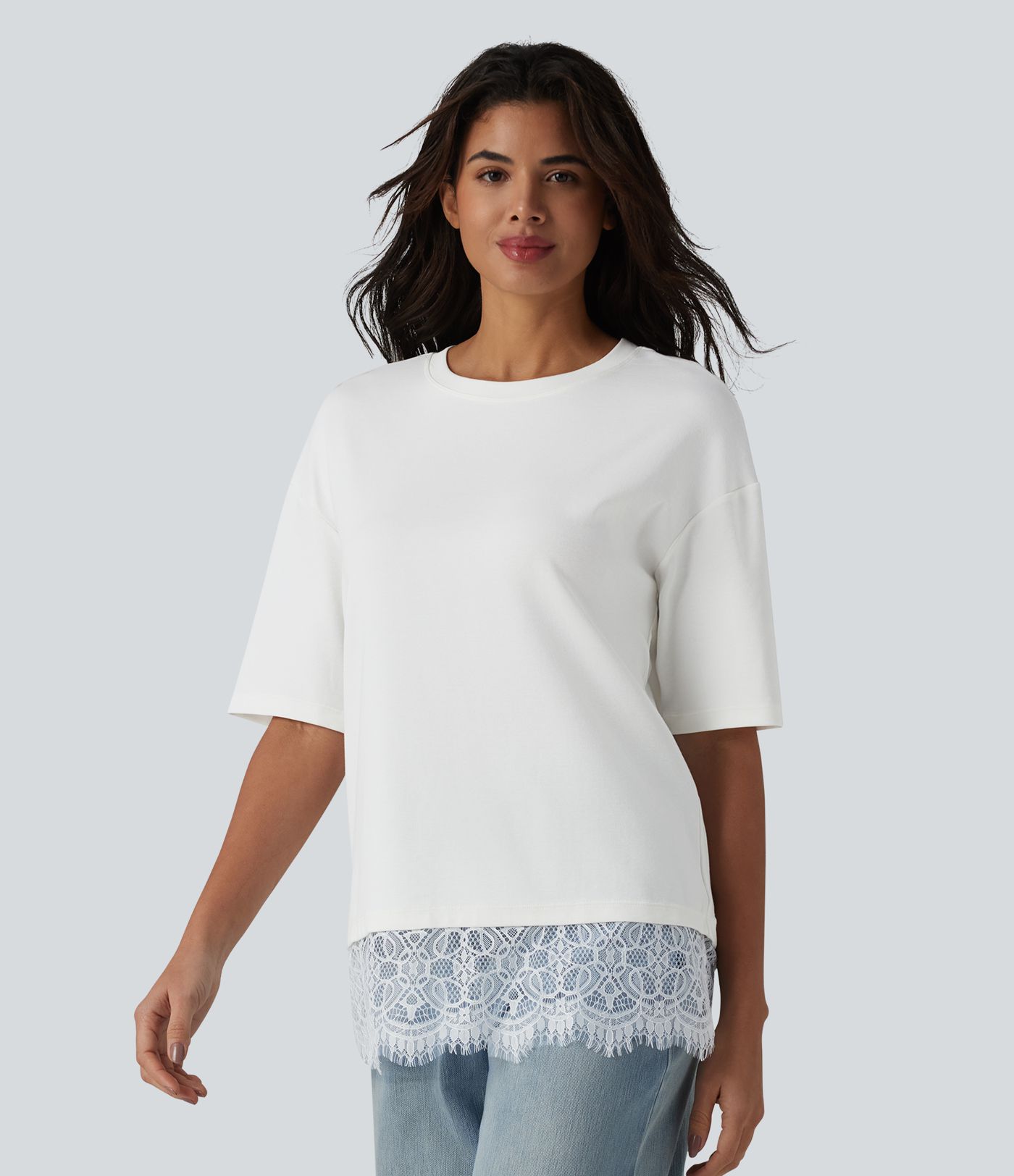 Crew Neck Half Sleeve Contrast Lace Casual Cotton T-Shirt