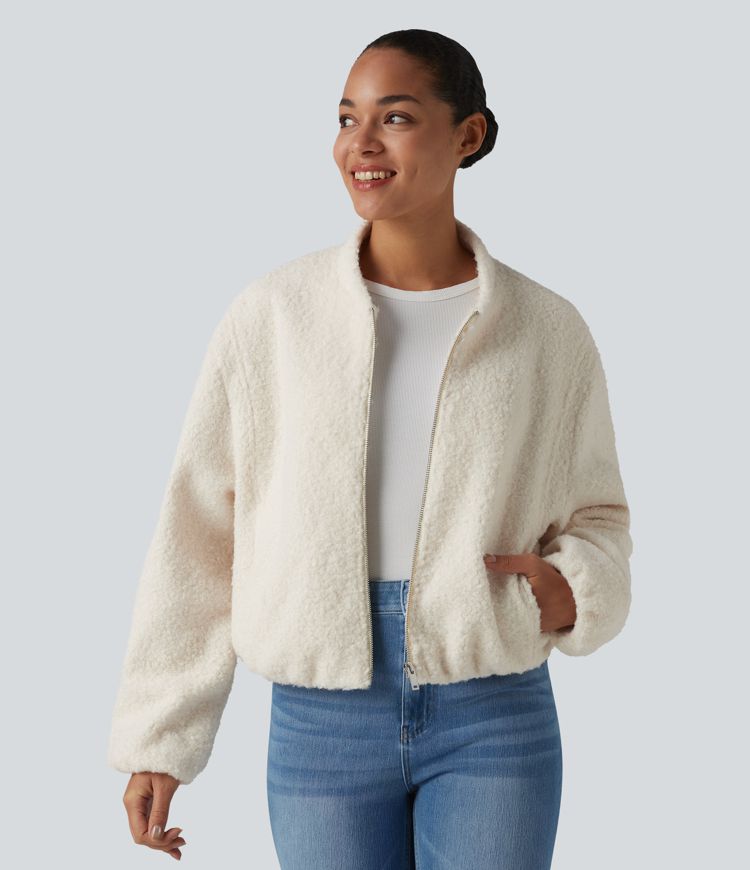 Lässige Sherpa-Jacke mit Seitentaschen und Reißverschluss