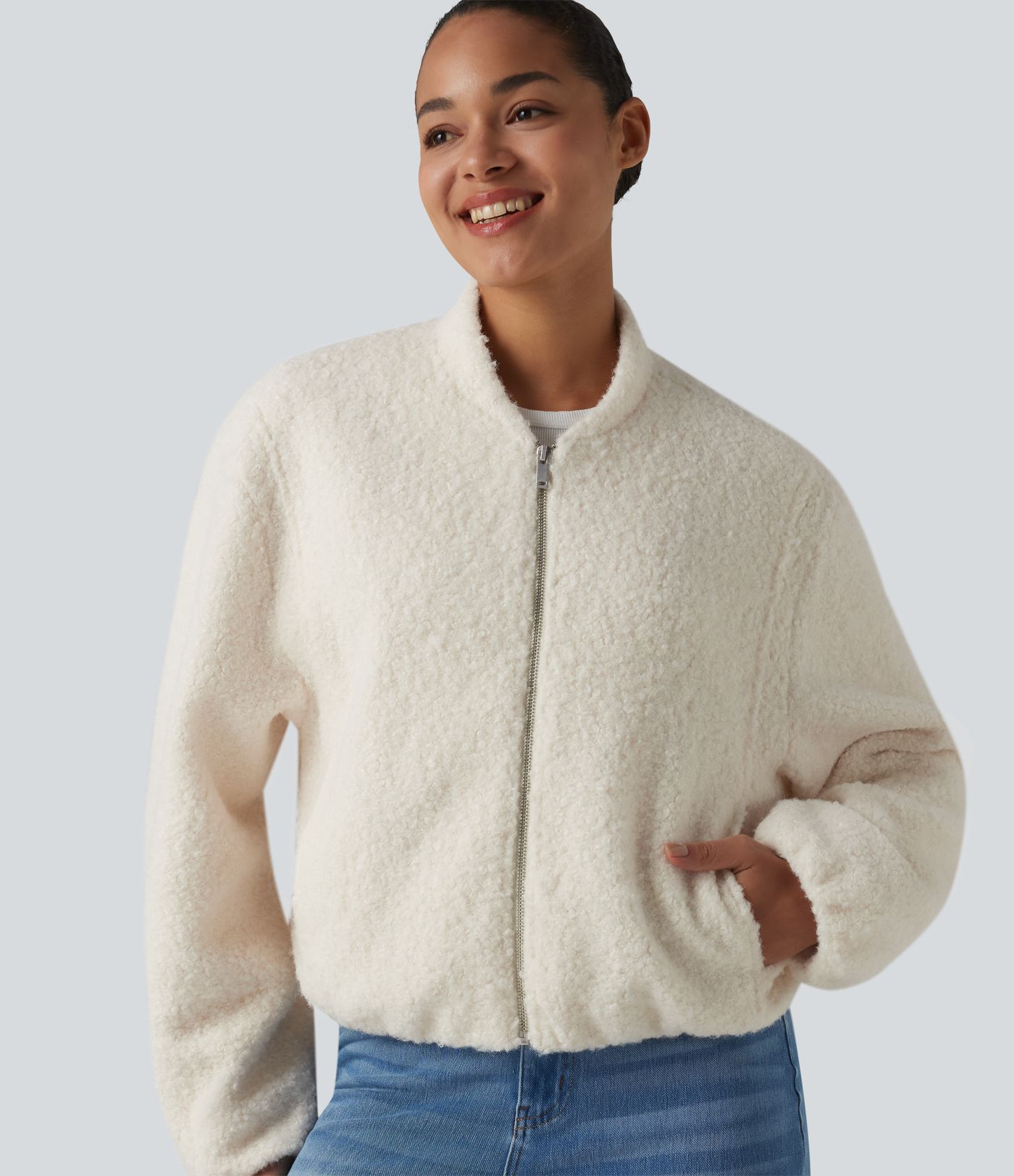 Lässige Sherpa-Jacke mit Seitentaschen und Reißverschluss