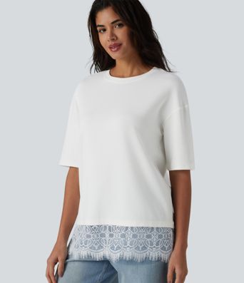 Crew Neck Half Sleeve Contrast Lace Casual Cotton T-Shirt