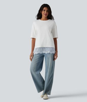 Crew Neck Half Sleeve Contrast Lace Casual Cotton T-Shirt