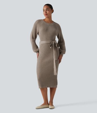 Ležérne midi svetrové šaty s okrúhlym výstrihom, dlhými rukávmi a opaskom