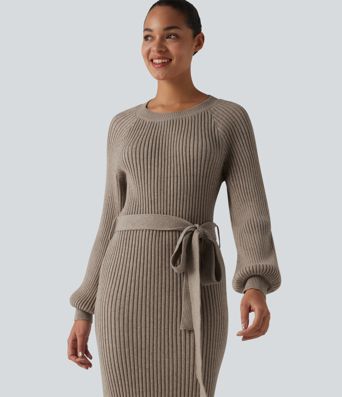 Ležérne midi svetrové šaty s okrúhlym výstrihom, dlhými rukávmi a opaskom