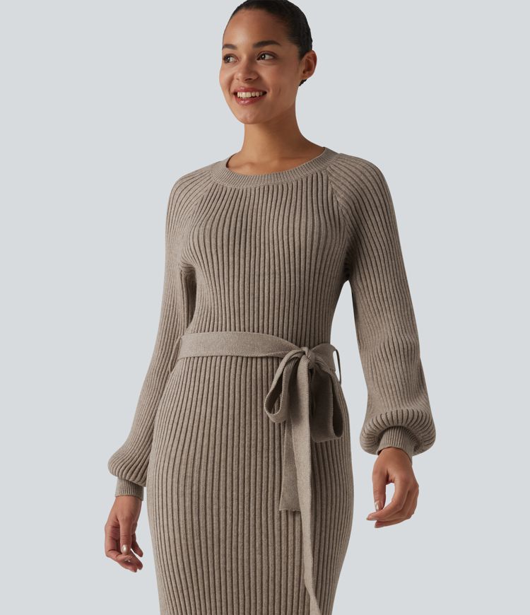Ležérne midi svetrové šaty s okrúhlym výstrihom, dlhými rukávmi a opaskom