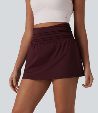 SoftlyZero™ Airy High Waisted Ruched Tummy Control 2-in-1 Mini A-line Cool Touch Tennis Skirt with Pockets-UPF50+