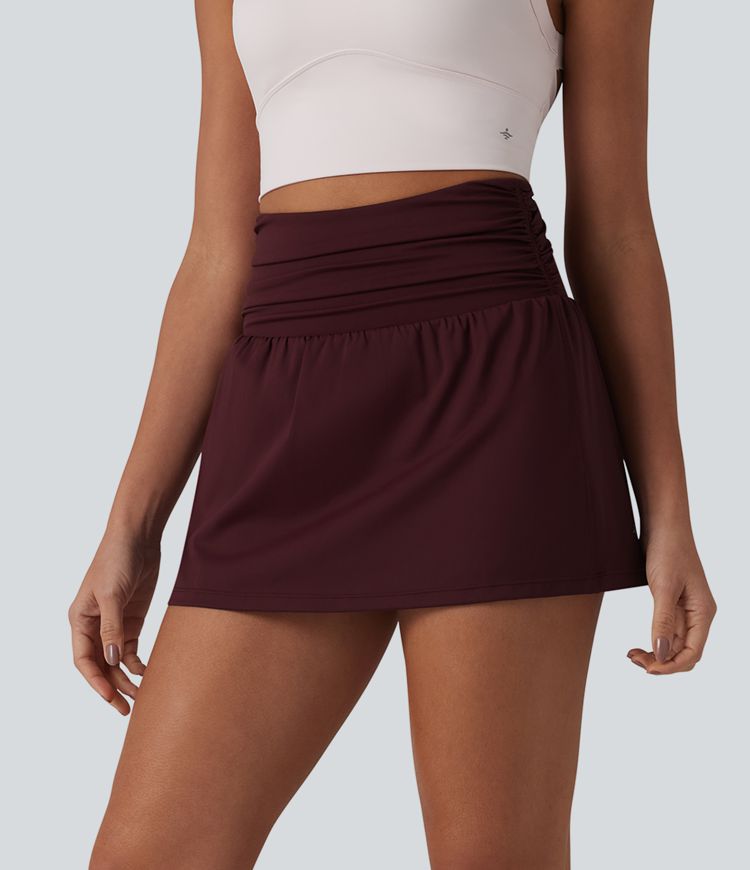 SoftlyZero™ Airy High Waisted Ruched Tummy Control 2-in-1 Mini A-line Cool Touch Tennis Skirt with Pockets-UPF50+