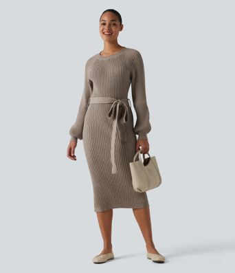 Ležérne midi svetrové šaty s okrúhlym výstrihom, dlhými rukávmi a opaskom