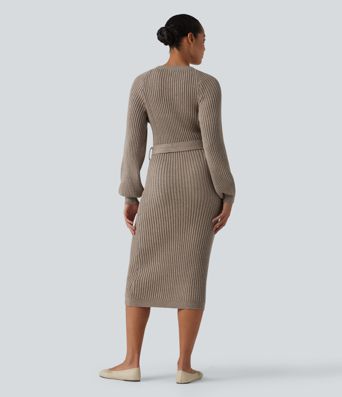 Ležérne midi svetrové šaty s okrúhlym výstrihom, dlhými rukávmi a opaskom