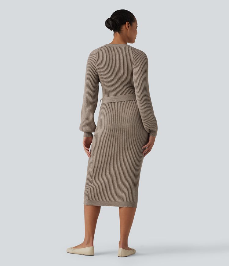 Ležérne midi svetrové šaty s okrúhlym výstrihom, dlhými rukávmi a opaskom