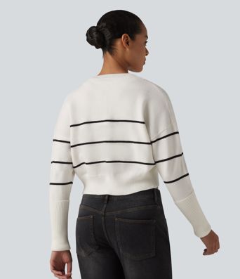 Round Neck Long Sleeve Stripe Casual Cardigan