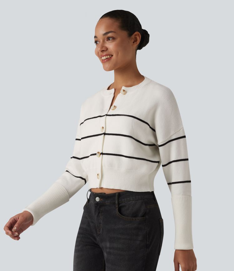 Round Neck Long Sleeve Stripe Casual Cardigan