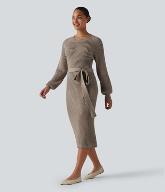 Ležérne midi svetrové šaty s okrúhlym výstrihom, dlhými rukávmi a opaskom