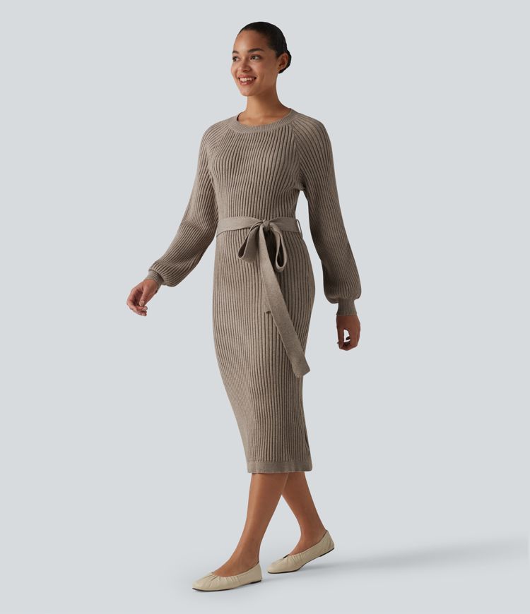 Ležérne midi svetrové šaty s okrúhlym výstrihom, dlhými rukávmi a opaskom