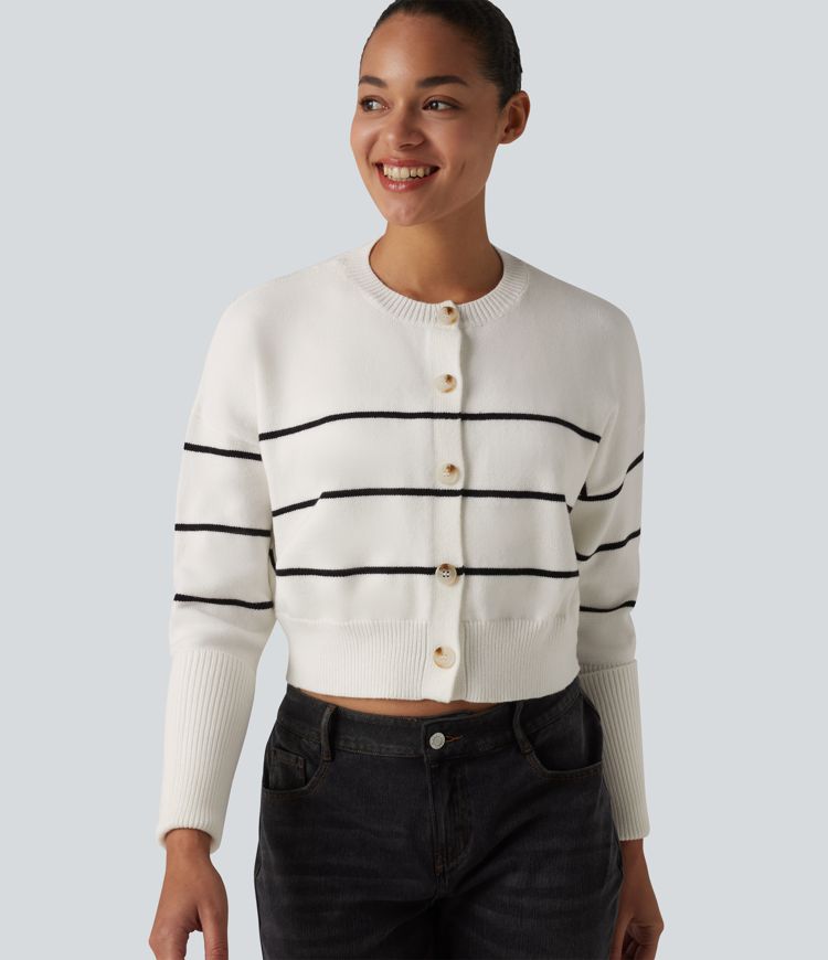 Round Neck Long Sleeve Stripe Casual Cardigan