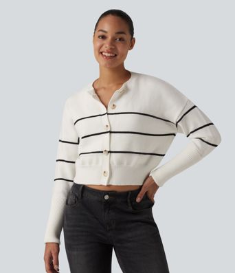 Round Neck Long Sleeve Stripe Casual Cardigan