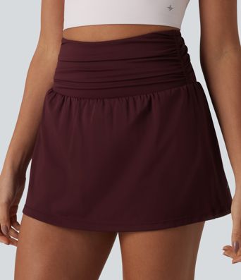 SoftlyZero™ Airy High Waisted Ruched Tummy Control 2-in-1 Mini A-line Cool Touch Tennis Skirt with Pockets-UPF50+