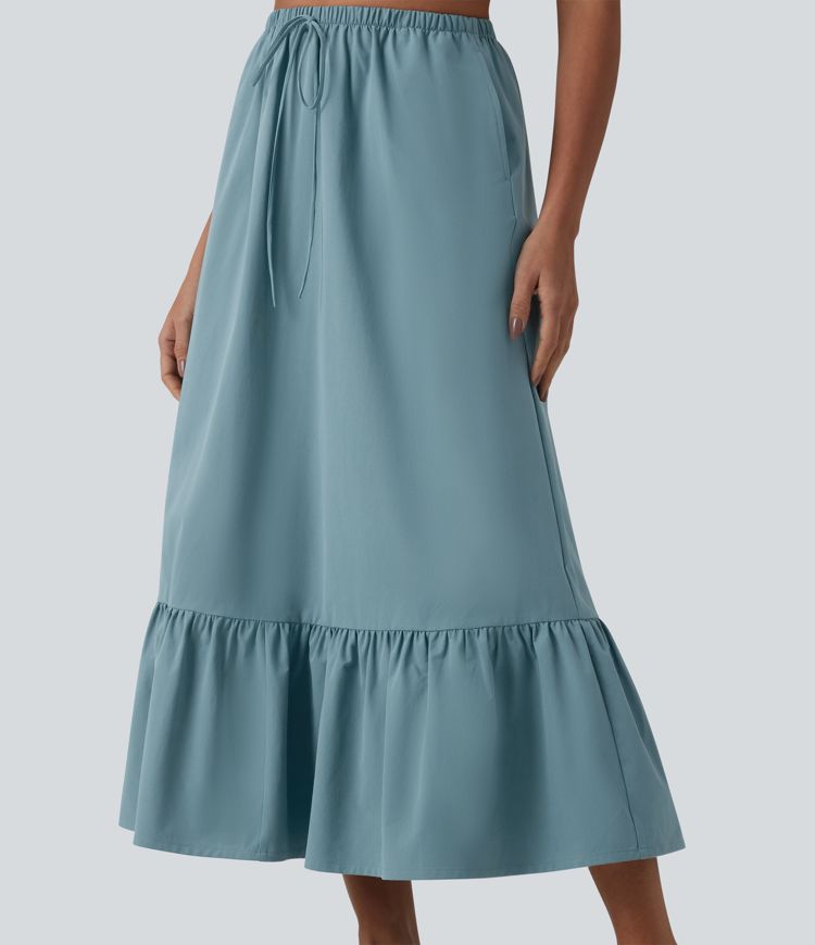High Waisted Drawstring Ruffle Hem A-line Midi Stretchy Poplin Casual Skirt with Pockets