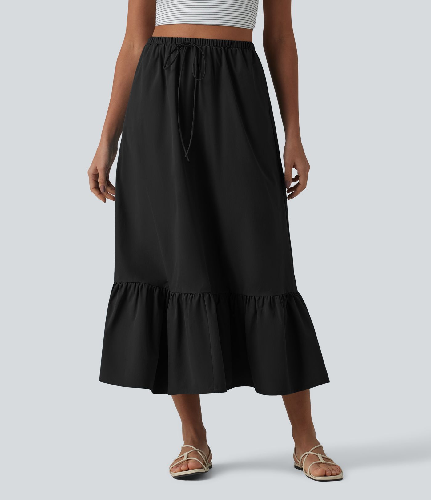 A-Linien-Midirock mit hohem Bund, Kordelzug, Rüschensaum, aus elastischem Popelin, lässig, mit Taschen A-Linien-Midirock mit hohem Bund, Kordelzug, Rüschensaum, aus elastischem Popelin, lässig, mit Taschen