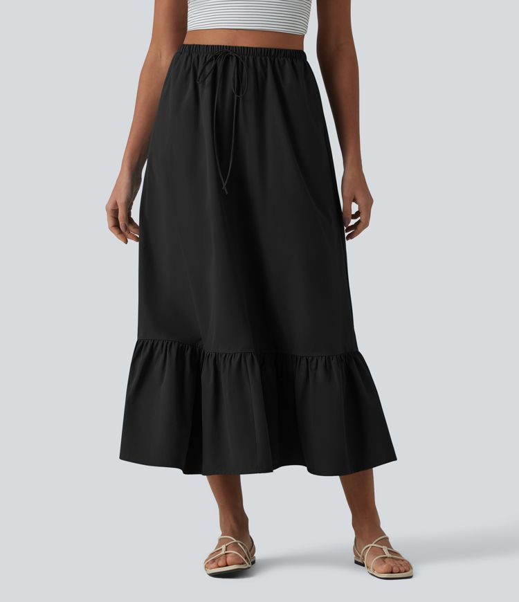A-Linien-Midirock mit hohem Bund, Kordelzug, Rüschensaum, aus elastischem Popelin, lässig, mit Taschen A-Linien-Midirock mit hohem Bund, Kordelzug, Rüschensaum, aus elastischem Popelin, lässig, mit Taschen