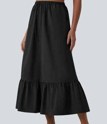 A-Linien-Midirock mit hohem Bund, Kordelzug, Rüschensaum, aus elastischem Popelin, lässig, mit Taschen