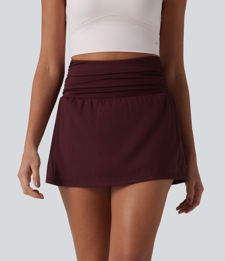 SoftlyZero™ Airy High Waisted Ruched Tummy Control 2-in-1 Mini A-line Cool Touch Tennis Skirt with Pockets-UPF50+