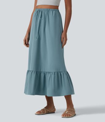 High Waisted Drawstring Ruffle Hem A-line Midi Stretchy Poplin Casual Skirt with Pockets