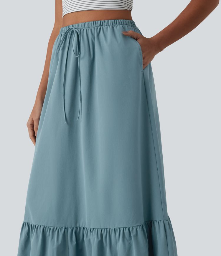 High Waisted Drawstring Ruffle Hem A-line Midi Stretchy Poplin Casual Skirt with Pockets