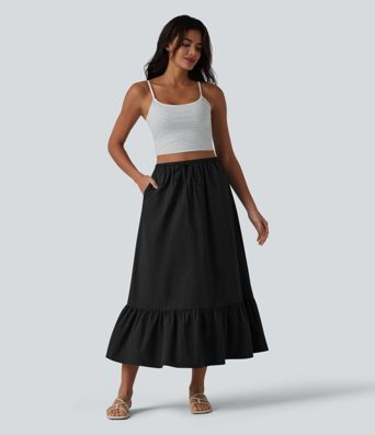 A-Linien-Midirock mit hohem Bund, Kordelzug, Rüschensaum, aus elastischem Popelin, lässig, mit Taschen