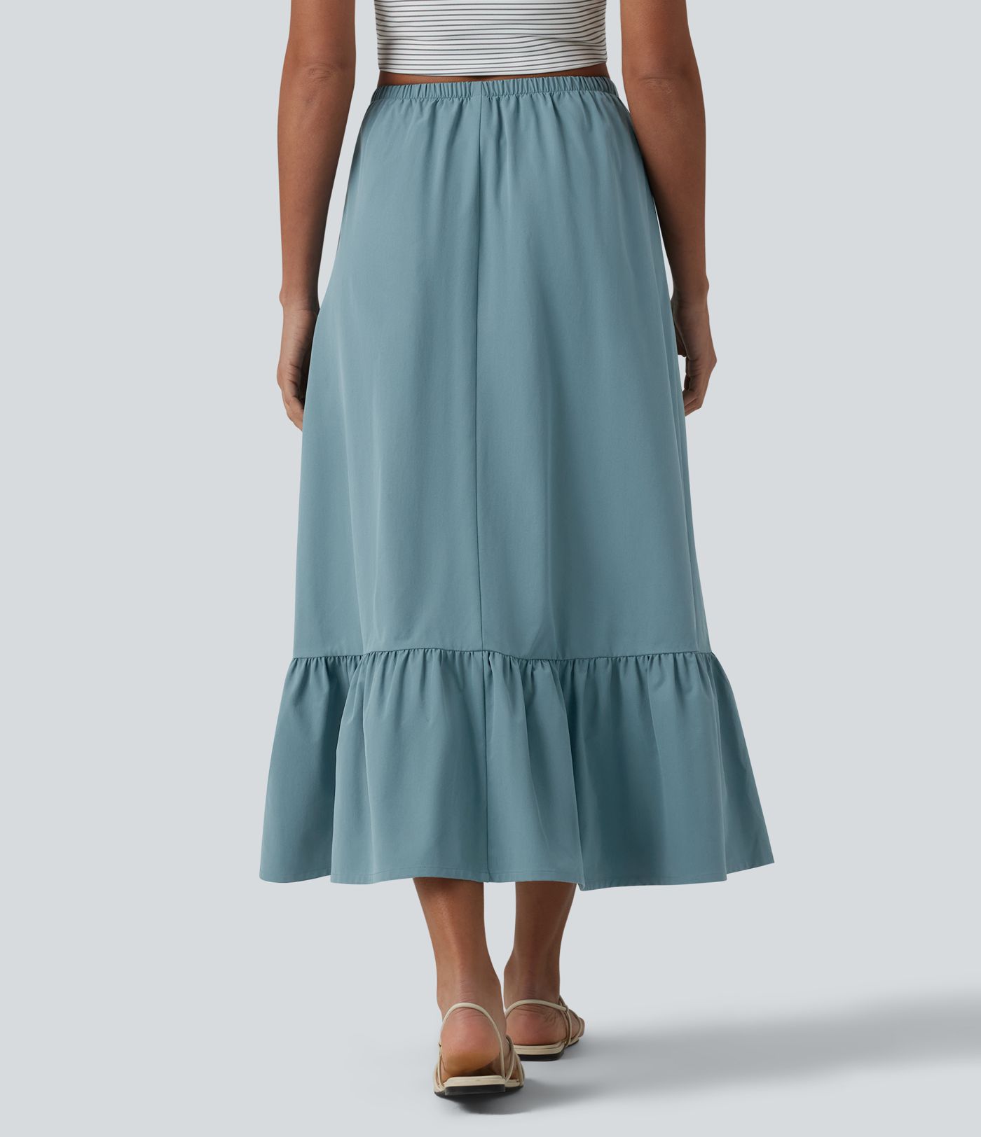 High Waisted Drawstring Ruffle Hem A-line Midi Stretchy Poplin Casual Skirt with Pockets