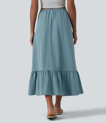 High Waisted Drawstring Ruffle Hem A-line Midi Stretchy Poplin Casual Skirt with Pockets