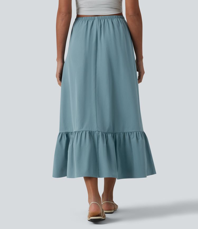 High Waisted Drawstring Ruffle Hem A-line Midi Stretchy Poplin Casual Skirt with Pockets
