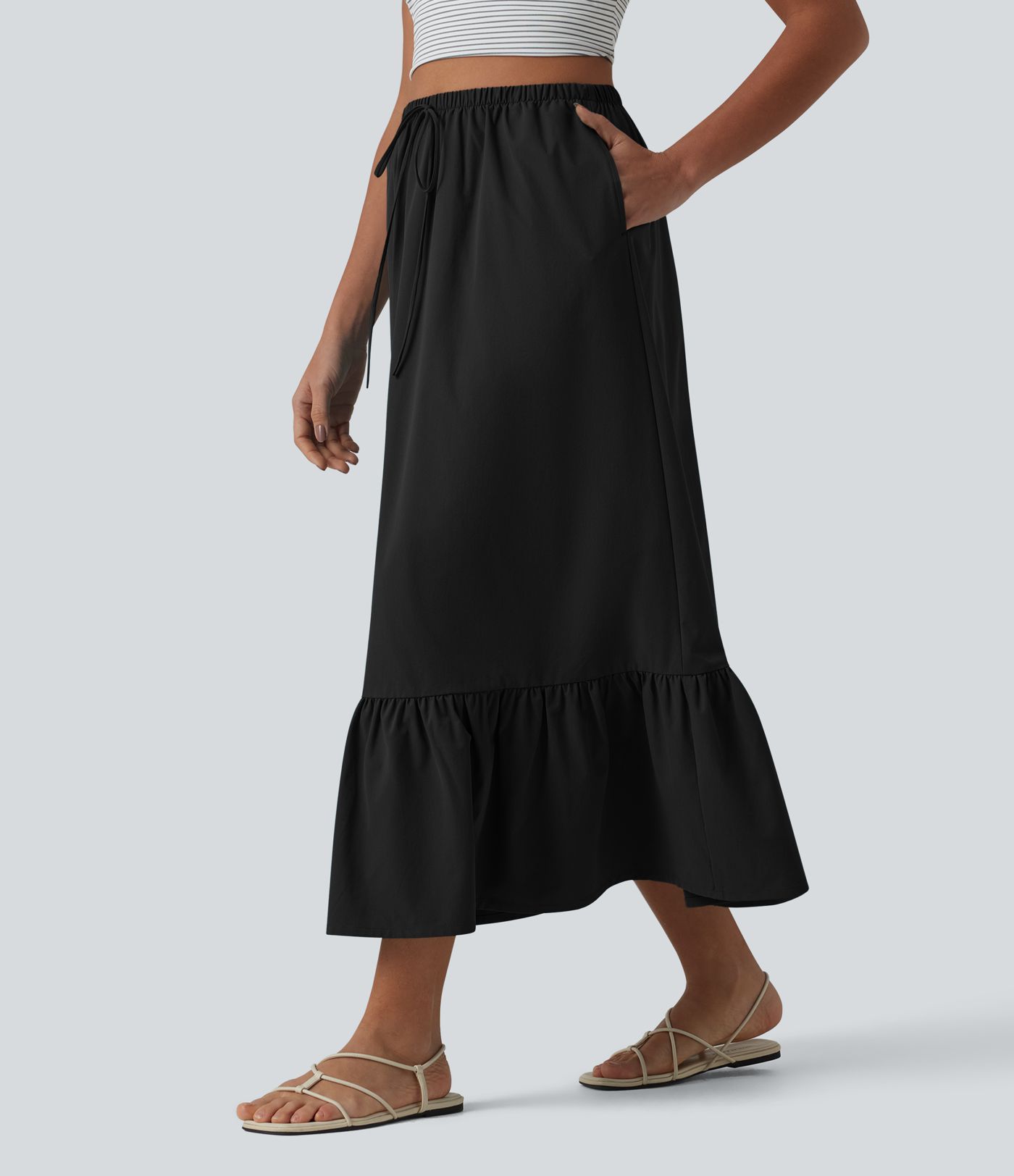 A-Linien-Midirock mit hohem Bund, Kordelzug, Rüschensaum, aus elastischem Popelin, lässig, mit Taschen