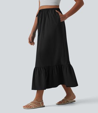 A-Linien-Midirock mit hohem Bund, Kordelzug, Rüschensaum, aus elastischem Popelin, lässig, mit Taschen