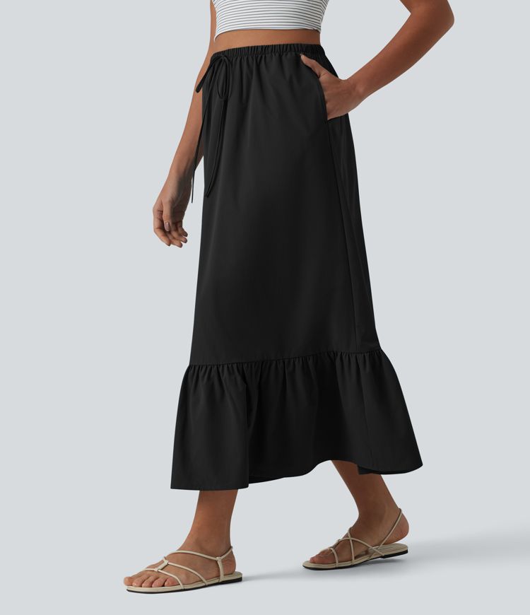 A-Linien-Midirock mit hohem Bund, Kordelzug, Rüschensaum, aus elastischem Popelin, lässig, mit Taschen
