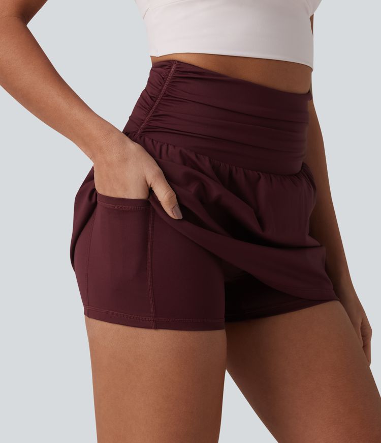 SoftlyZero™ Airy High Waisted Ruched Tummy Control 2-in-1 Mini A-line Cool Touch Tennis Skirt with Pockets-UPF50+