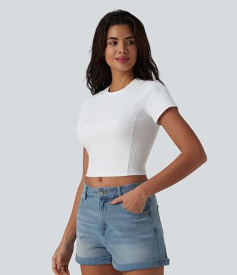 Round Neck Raglan Sleeve Breathable Mesh Casual T-Shirt