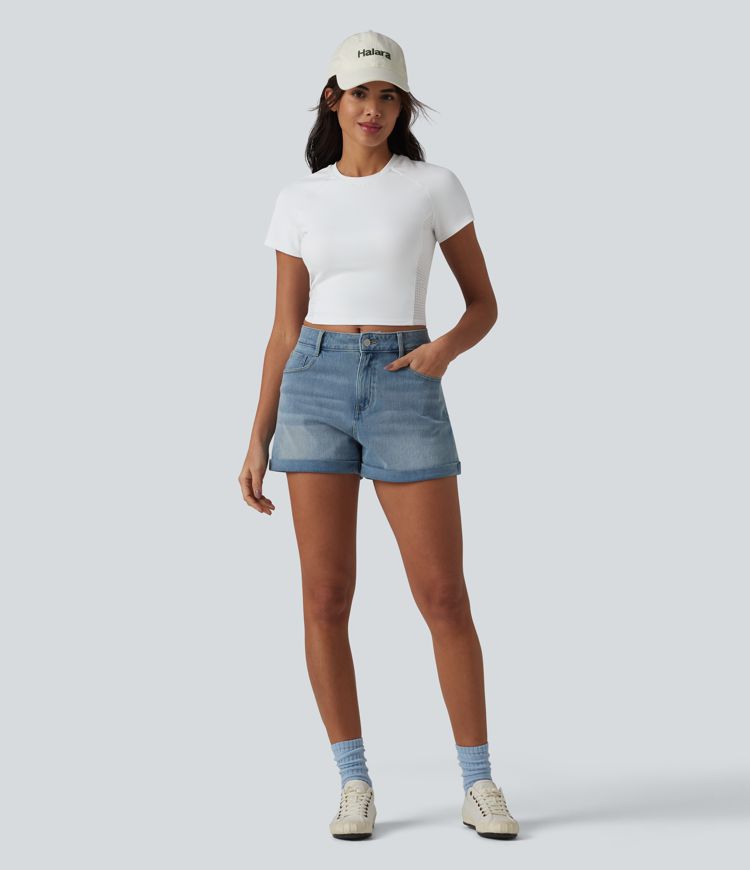 Round Neck Raglan Sleeve Breathable Mesh Casual T-Shirt