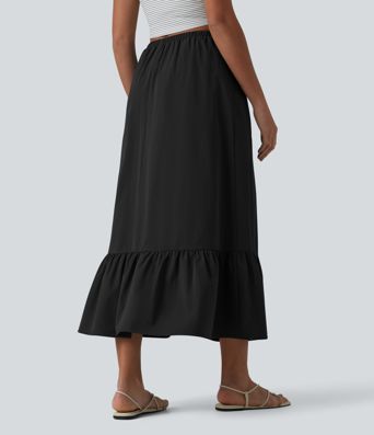 A-Linien-Midirock mit hohem Bund, Kordelzug, Rüschensaum, aus elastischem Popelin, lässig, mit Taschen