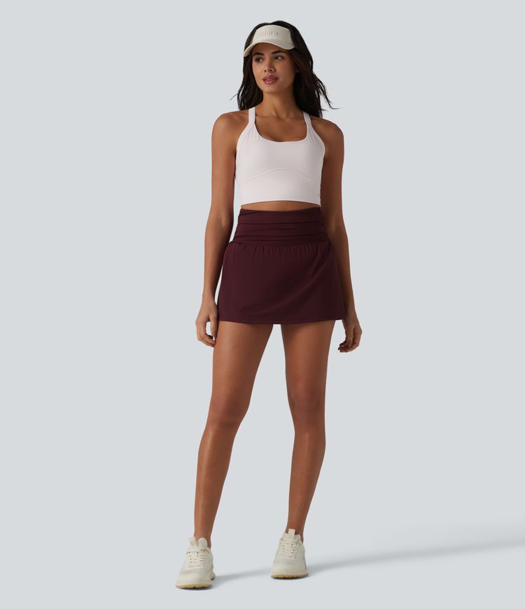 SoftlyZero™ Airy High Waisted Ruched Tummy Control 2-in-1 Mini A-line Cool Touch Tennis Skirt with Pockets-UPF50+