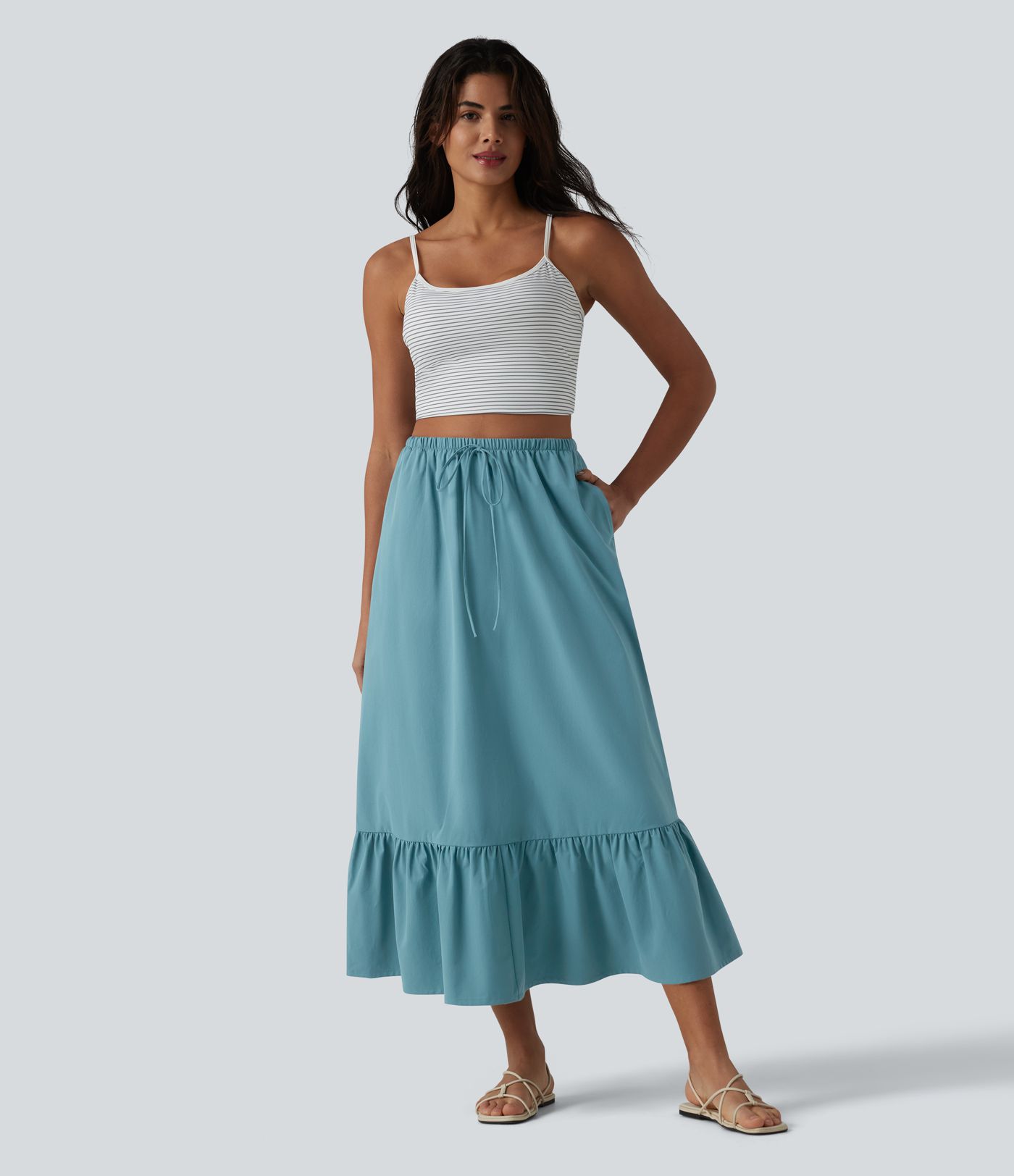 High Waisted Drawstring Ruffle Hem A-line Midi Stretchy Poplin Casual Skirt with Pockets