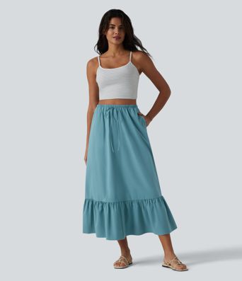 High Waisted Drawstring Ruffle Hem A-line Midi Stretchy Poplin Casual Skirt with Pockets