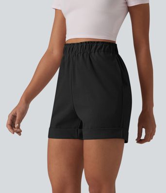 Lässige Shorts in Leinenoptik mit hohem Bund, Seitentaschen und Rüschen Lässige Shorts in Leinenoptik mit hohem Bund, Seitentaschen und Rüschen