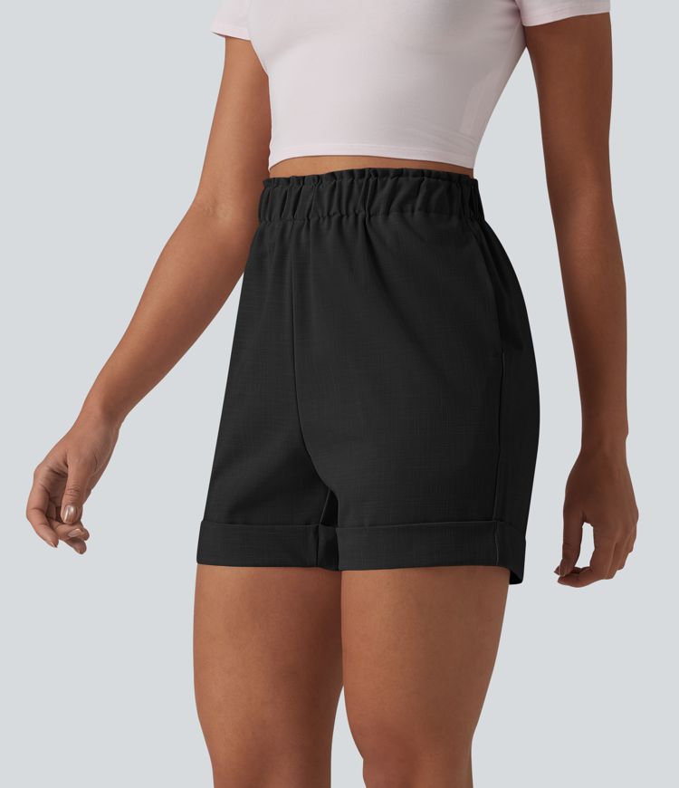 Lässige Shorts in Leinenoptik mit hohem Bund, Seitentaschen und Rüschen Lässige Shorts in Leinenoptik mit hohem Bund, Seitentaschen und Rüschen