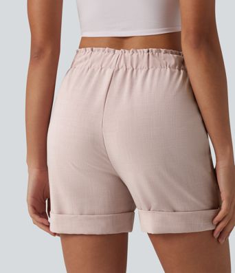 Lässige Shorts in Leinenoptik mit hohem Bund, Seitentaschen und Rüschen
