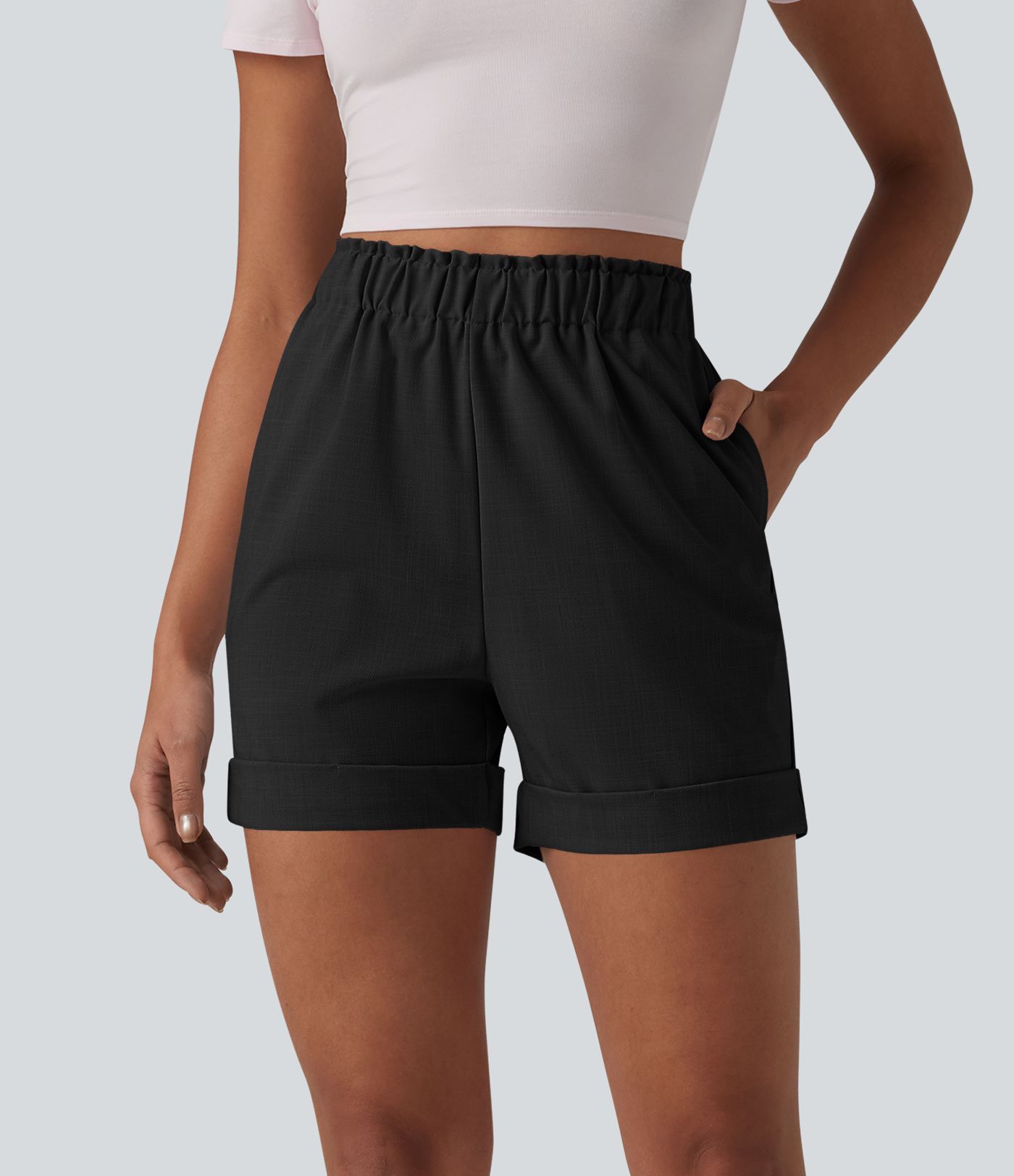 Lässige Shorts in Leinenoptik mit hohem Bund, Seitentaschen und Rüschen Lässige Shorts in Leinenoptik mit hohem Bund, Seitentaschen und Rüschen