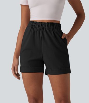 Lässige Shorts in Leinenoptik mit hohem Bund, Seitentaschen und Rüschen Lässige Shorts in Leinenoptik mit hohem Bund, Seitentaschen und Rüschen