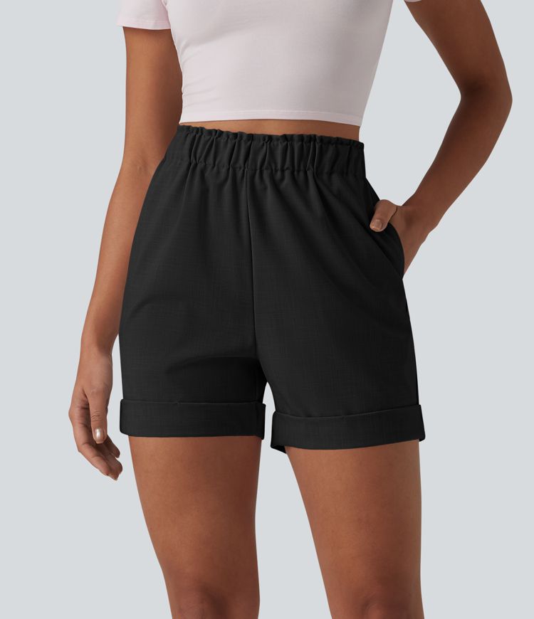 Lässige Shorts in Leinenoptik mit hohem Bund, Seitentaschen und Rüschen Lässige Shorts in Leinenoptik mit hohem Bund, Seitentaschen und Rüschen