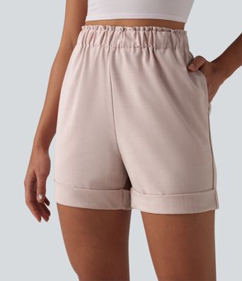 Lässige Shorts in Leinenoptik mit hohem Bund, Seitentaschen und Rüschen