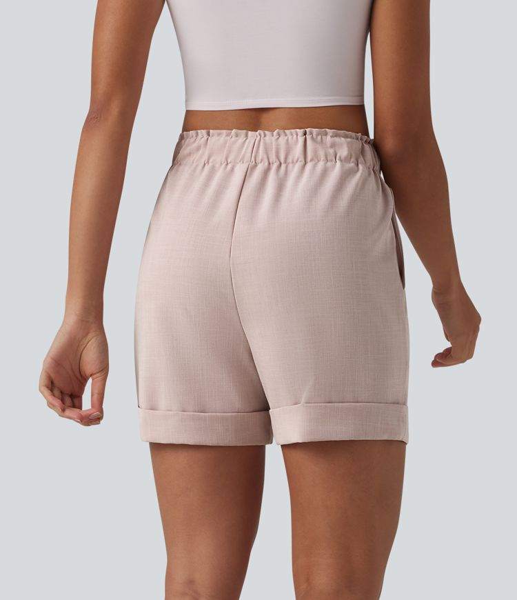 Lässige Shorts in Leinenoptik mit hohem Bund, Seitentaschen und Rüschen