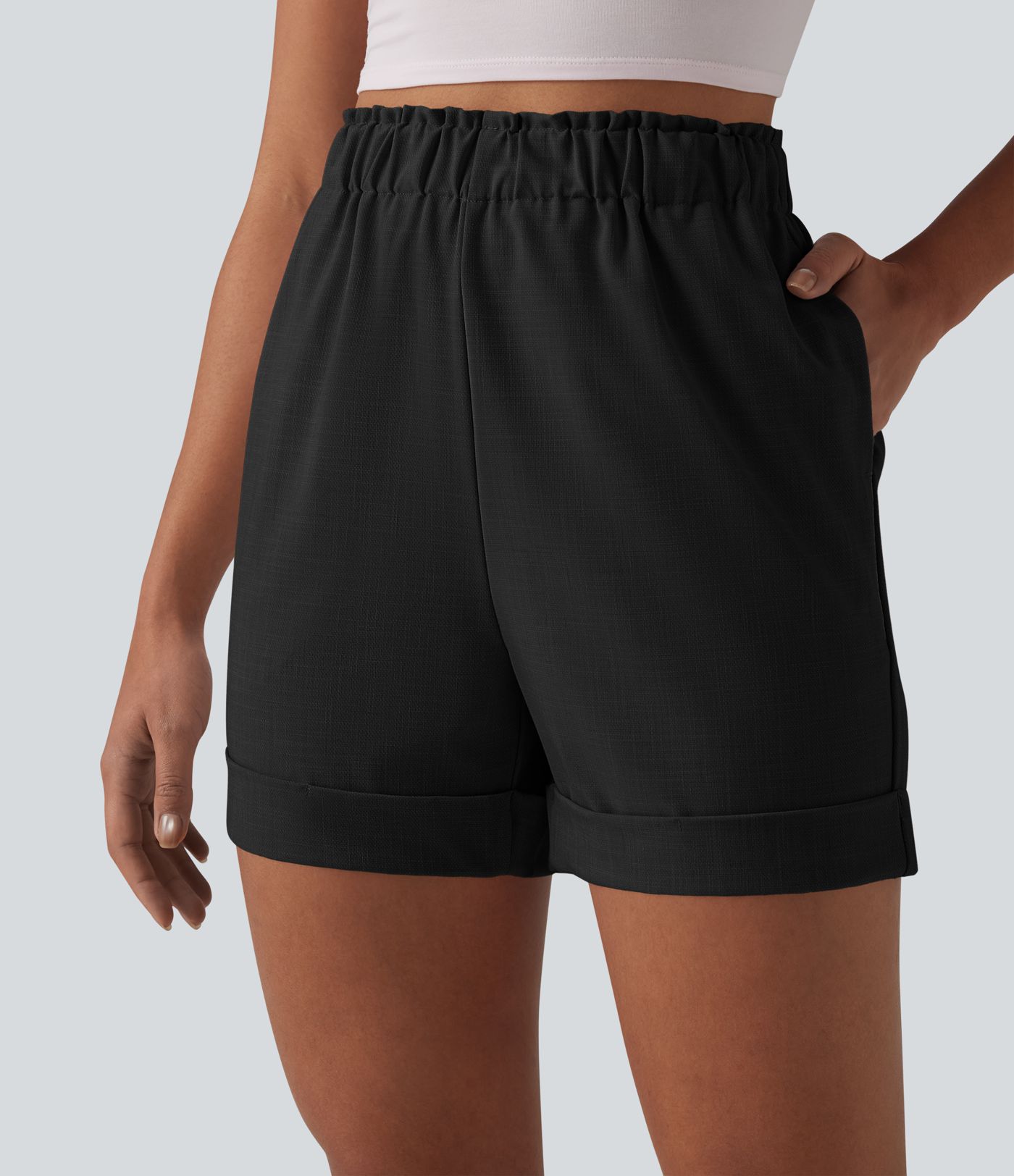 Lässige Shorts in Leinenoptik mit hohem Bund, Seitentaschen und Rüschen Lässige Shorts in Leinenoptik mit hohem Bund, Seitentaschen und Rüschen